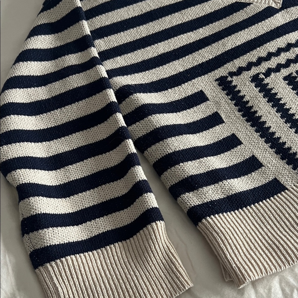 Navy and Cream Striped V-Neck Sweater
